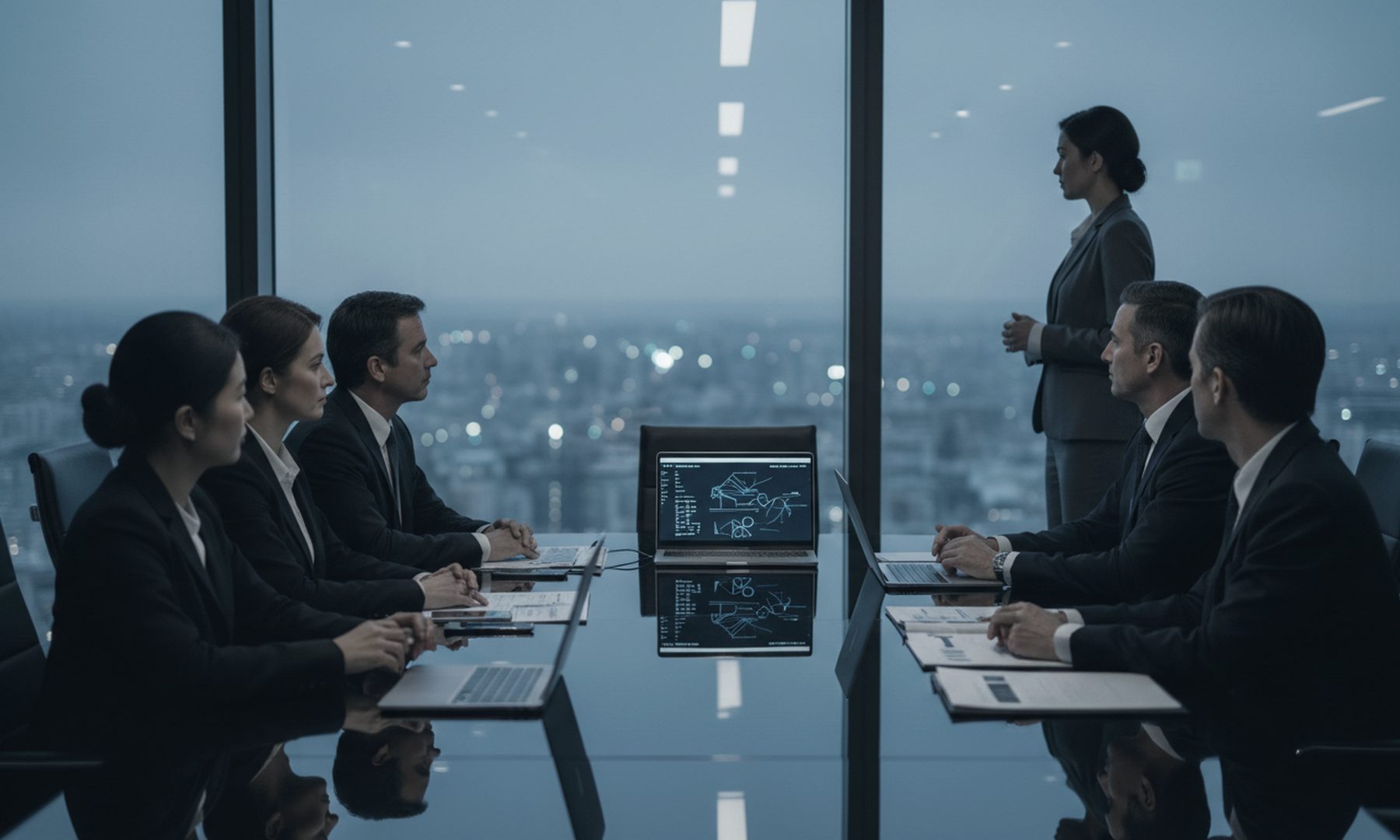 Executives in a glass boardroom at dusk reviewing reports, representing Google review removal and rating repair for businesses