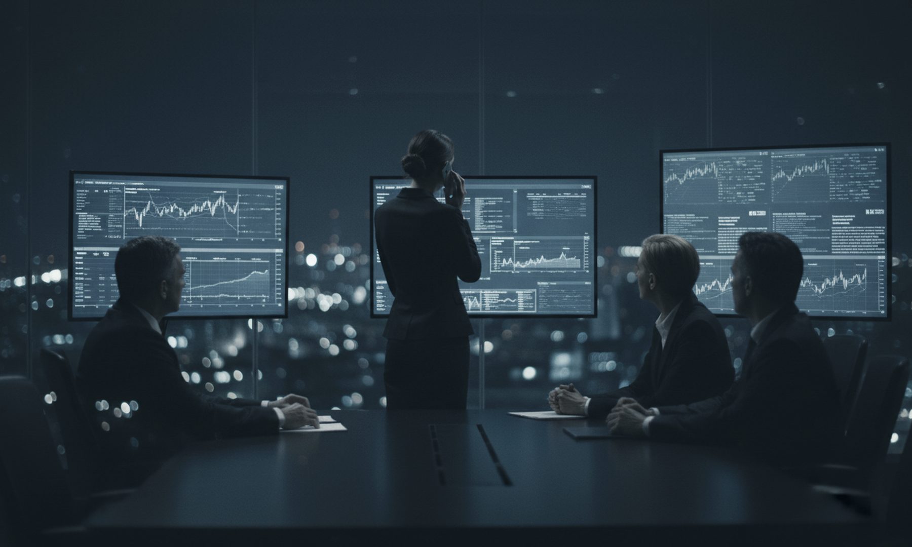 A crisis team at night in front of a wall of monitors showing news feeds and timelines, representing crisis management in the first hours