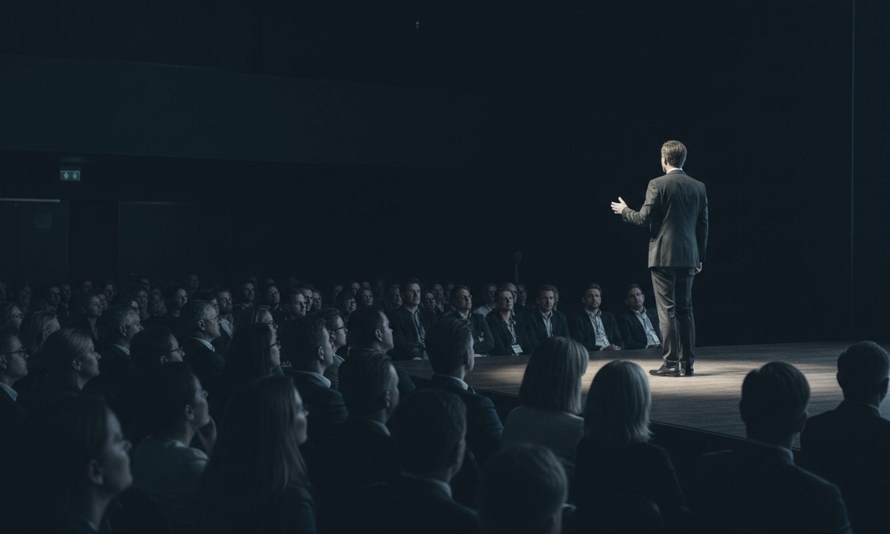 An executive on stage under a spotlight addressing a large audience, representing earned media and digital PR