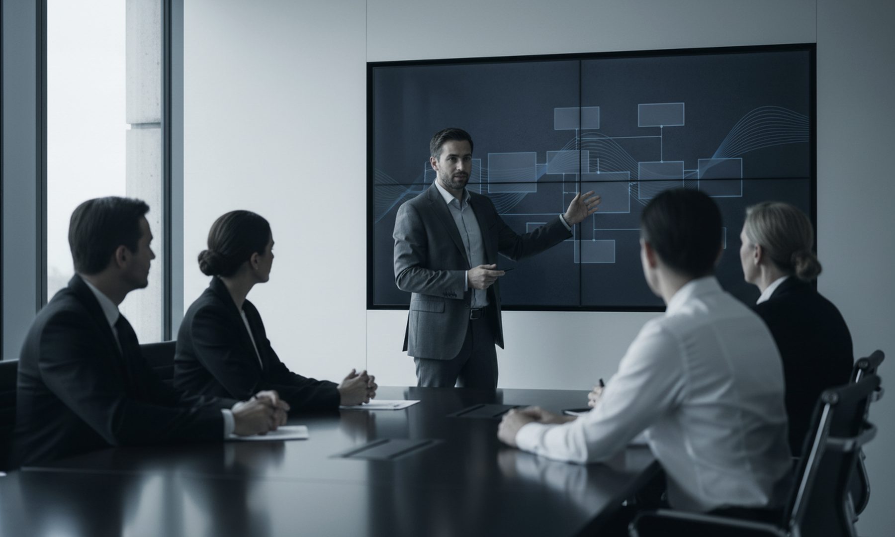 A consultant presenting a system diagram to executives in a boardroom, representing generative AI consulting