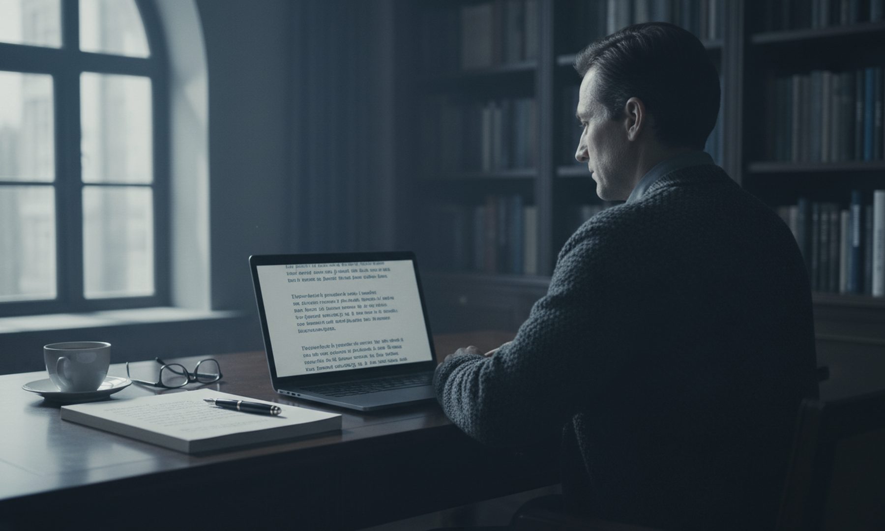 A writer at a walnut desk by a window drafting a manuscript on a laptop, representing executive ghostwriting and thought leadership