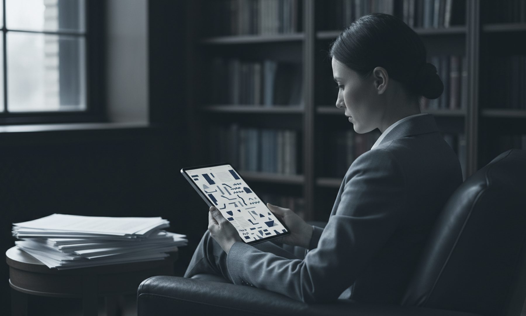 An executive reading long-form analysis on a tablet in a quiet office library, representing Snake River Strategies insights on reputation, search and AI
