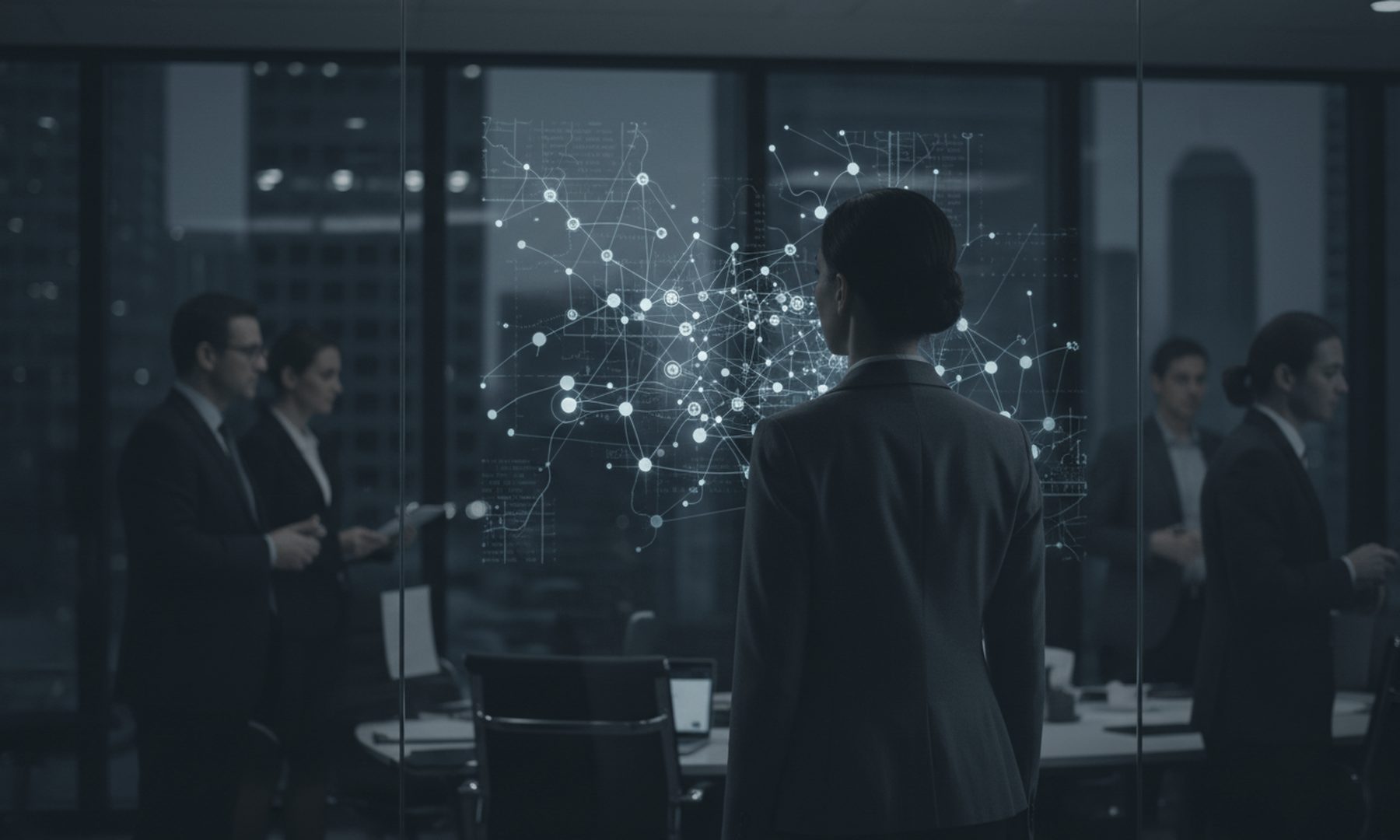 A strategist studying a projected network of connected nodes on a glass wall, representing authority and link building