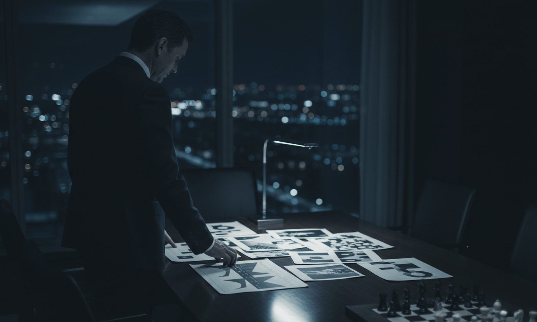 A strategist studying a timeline of documents beside a chessboard in a dim office at night, representing offensive reputation strategy