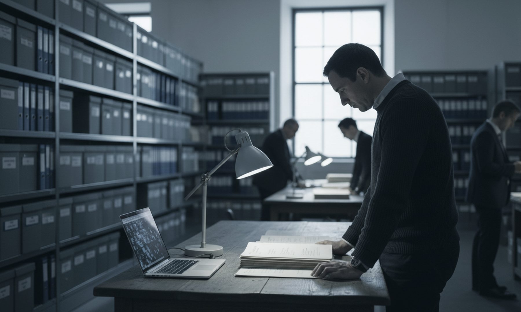 A researcher reading a thick file of public records in an archive room, representing opposition research