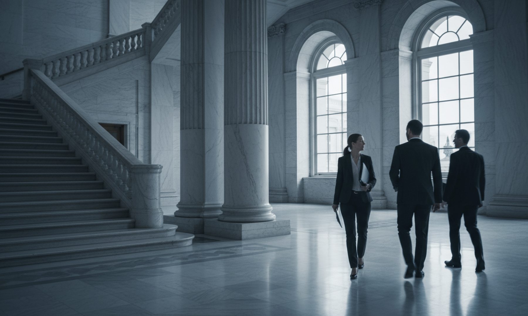 Campaign professionals walking through a marble state capitol corridor, representing political strategy and consulting