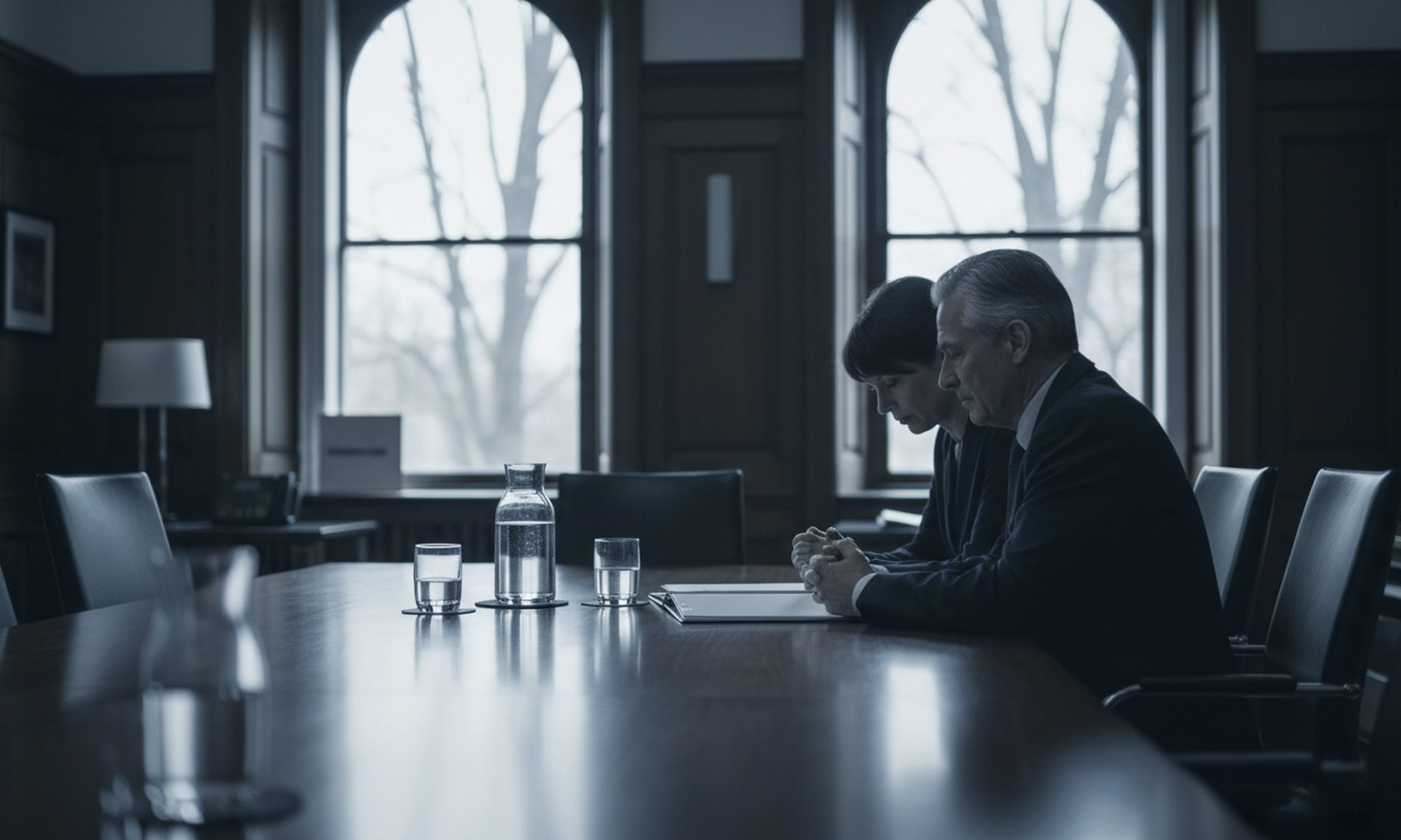 Two principals in quiet conversation at the end of a long table in a private office, representing confidential reputation advisory