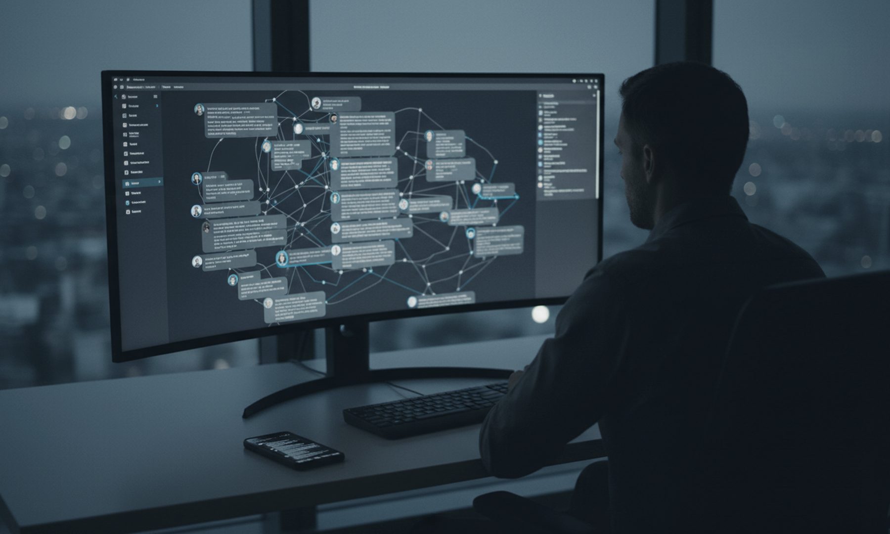 A person at a desk late at night reviewing a threaded online discussion on a large monitor, representing Reddit reputation strategy