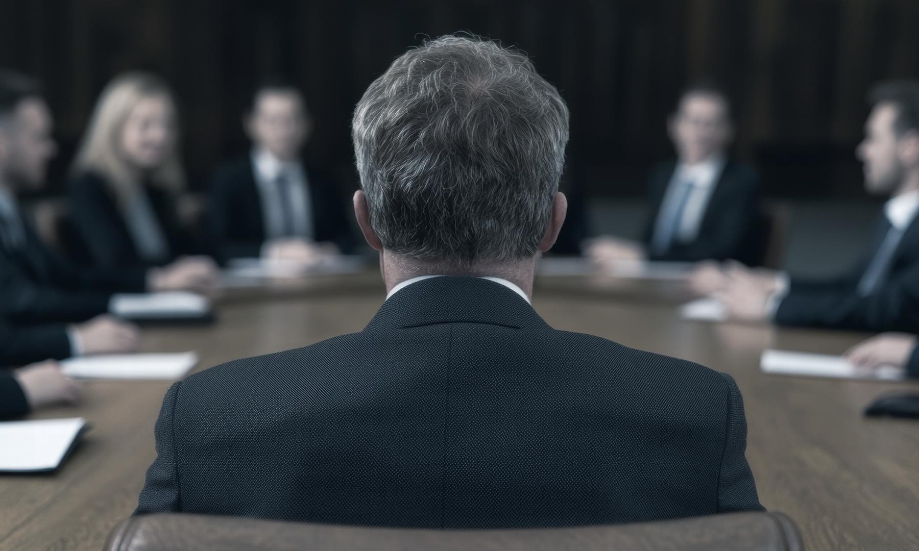A leader at the head of a boardroom table facing the board, representing reputation repair after a damaging story