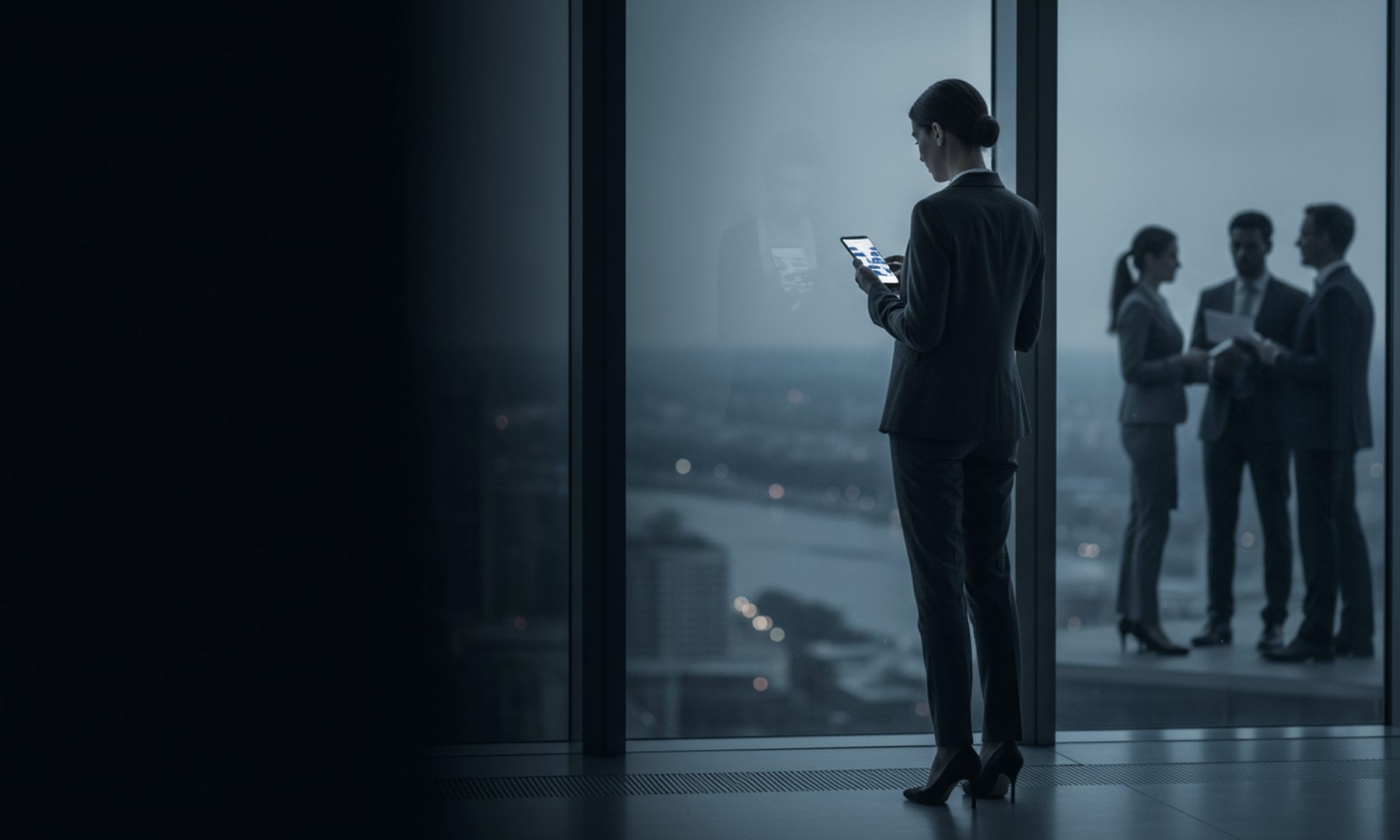 An executive at a high-rise window reading search results on a phone at dusk, representing removal and suppression of negative search results