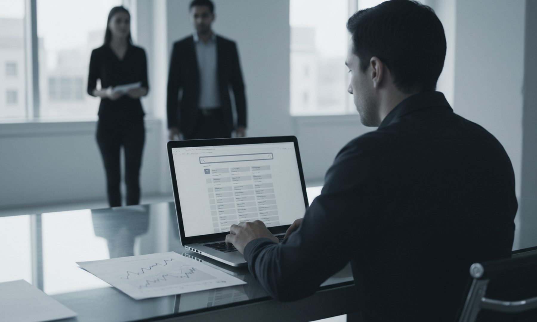 A strategist reviewing search rankings on a laptop with colleagues in a modern office, representing SEO services