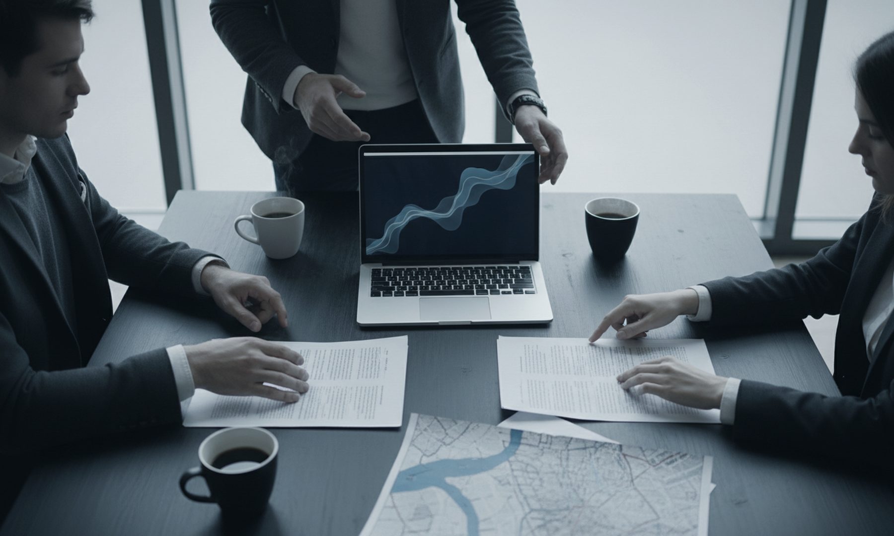 A strategy session seen from above: hands arranging documents, a laptop and a map on a long table, representing how Snake River Strategies plans reputation, search and PR work