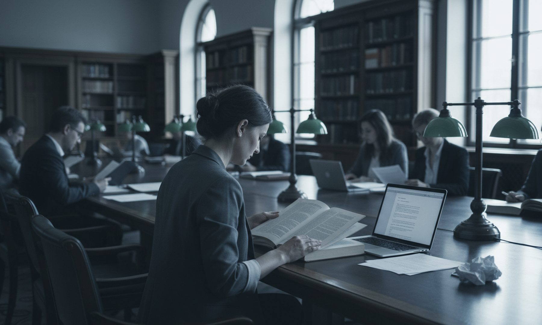 A consultant reading bound reference volumes at a long library table, representing Wikipedia sourcing and notability work